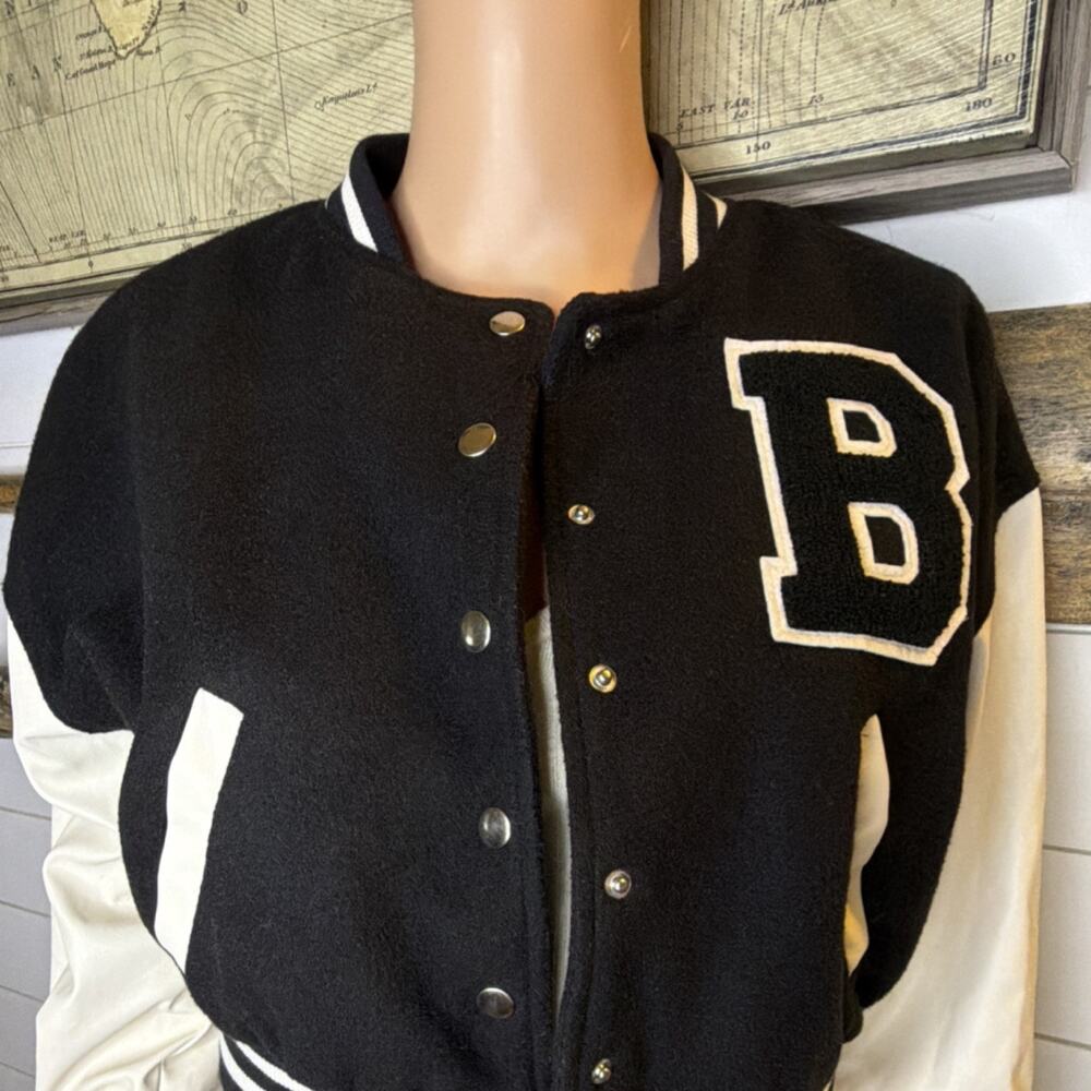 Love Tree Women's Black White Varsity Jacket Letter Striped Ribbing Snap Closure - Picture 4 of 7